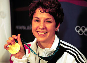 Nancy Johnson with her Olympic gold medal