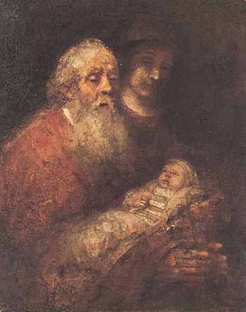 Rembrandt Simeon houdt Jesus vast